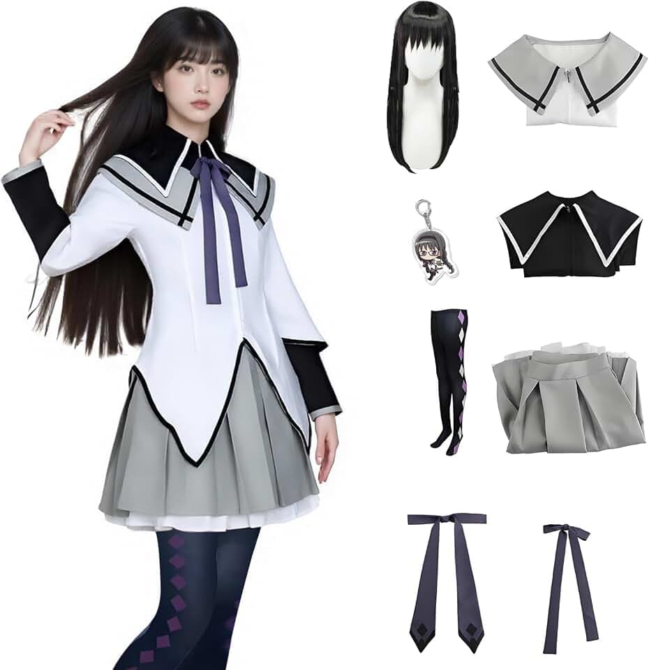 Juejuezi Women Madoka Magica Cosplay Uniform Dress Homuras Akemi Outfit Magi Costume Pleated Skirt with Socks Halloween