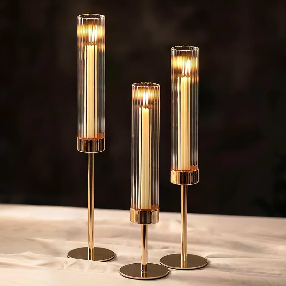 NUPTIO Glaszylinder für Kerzen Gold Kerzenständer Kerzenhalter Stabkerzen