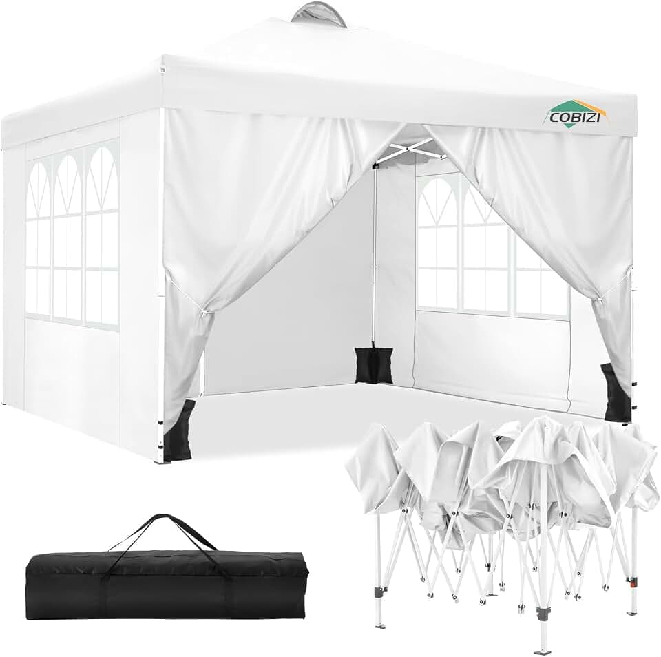 COBIZI Faltpavillon 3x3m Wasserdicht Stabil Winterfest Pavillon Partyzelt Gartenpavillon mit Entlüftung, 4 Seitenteilen, 4 Sandsack, Höhenverstellbar, Pop up Faltbar Gartenzelt, Weiß