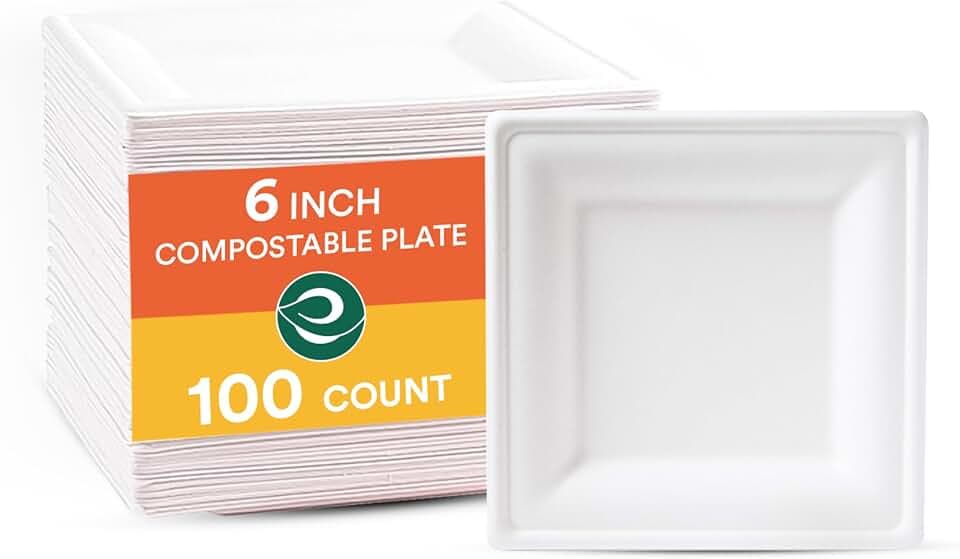 ECO SOUL 6 Inch Disposable Bagasse Paper Plates (100 Pack, Square)