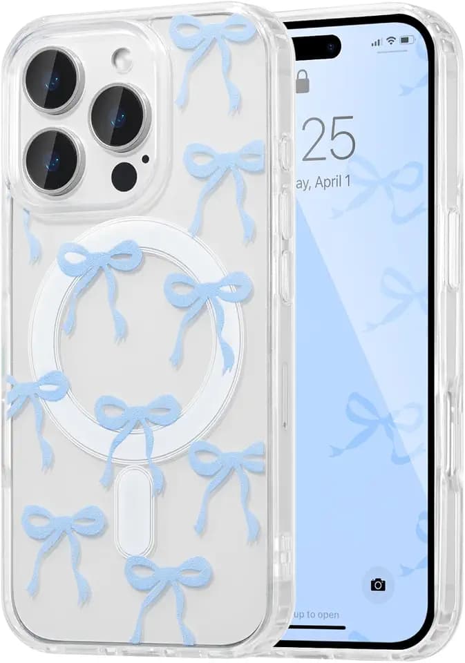UEEBAI Magnetic for iPhone 15 Pro Case, Bow Case Compatible with MagSafe, Wireless Slim Clear Ribbon Aesthetic Phone Cover Anti-Yellowing Shockproof Protective Cover for Women Girl - Baby Blue