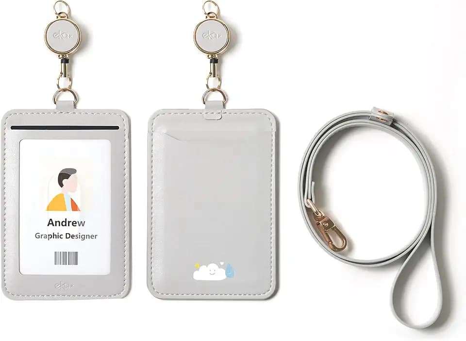 EKAX ID Badge Holder with Adjustable Lanyard & Retractable Badge Reel Clip, Double-Sided Card Holder for Office, Bus Pass, Student, Nurse, Police, Teacher-Puffy Cloud