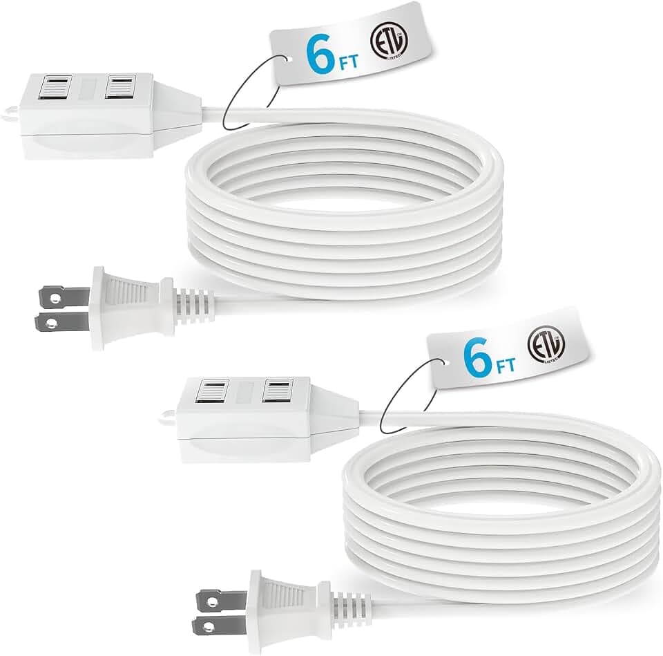 TiFFCOFiO Indoor Extension Cord, 2 Prong 6 Feet Extension Cord, 3 Polarized Outlets with Safety Slide Windows,13A/1625W, 16 AWG, 2 Packs