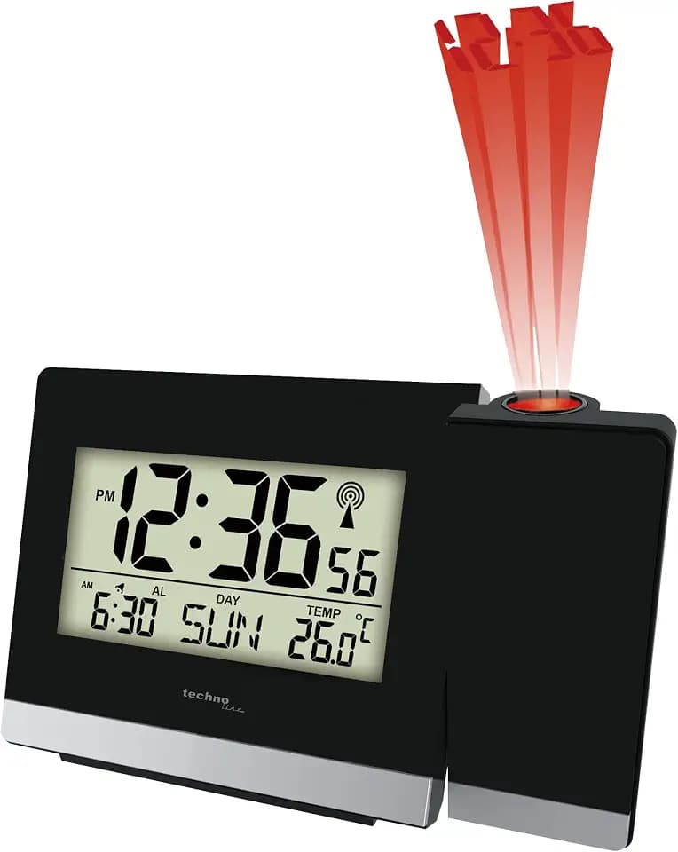 Technoline WT 536 Funk-Projektionswecker mit DCF77 Funkuhr | Uhrzeitprojektion | Innentemperatur | Alarm mit Snooze | Wochentag & Datum | Hintergrundbeleuchtung | Netzteil inklusive | Schwarz