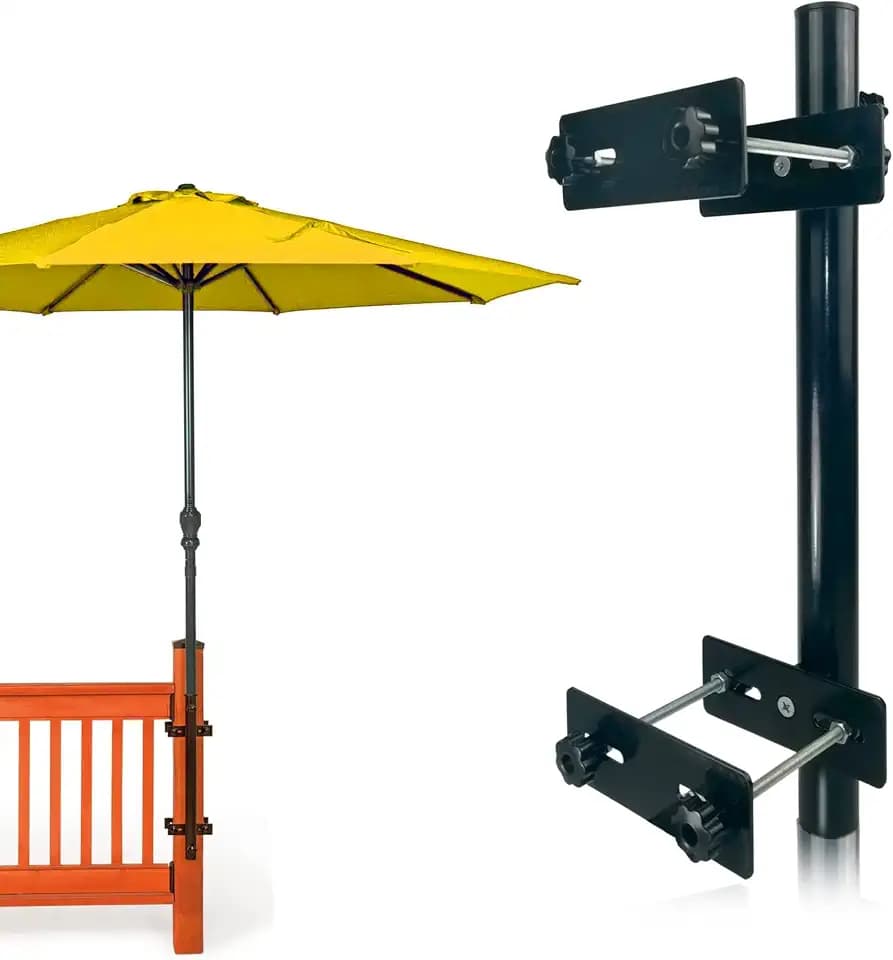 Patio Umbrella Holder, Heavy-Duty Metal Mount Stand for Deck - Sturdy Base for Railing-Mounted Clamps With Pole Maximizing Balcony Space and Shade