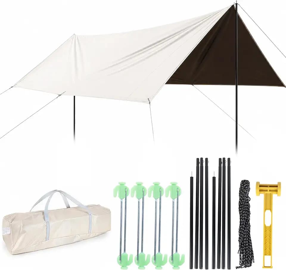 Waterproof Camping Tarp Hammock Rain Fly -14.7×9.8ft with 2 Poles, Mutifunctional Tent UV Protection & Lightweight Tarp, for Camping, Outdoor, Traveling, Hiking (Quadrilateral, Beige)