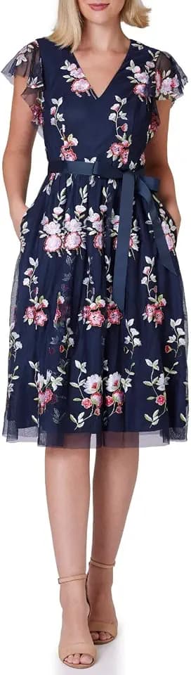 Jessica Howard Women's Flutter Sleeve V-Neck Navy Multi Midi Dress