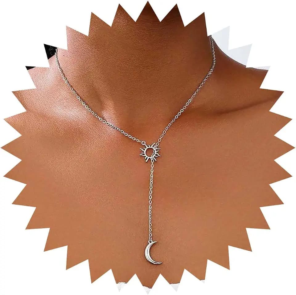 Andelaisi Boho Sun Moon Pendant Necklace Vintage Sun Y Lariat Necklace Silver Moon Dangle Necklace Adjustable Hollow Sun Choker Necklace Jewelry for Women