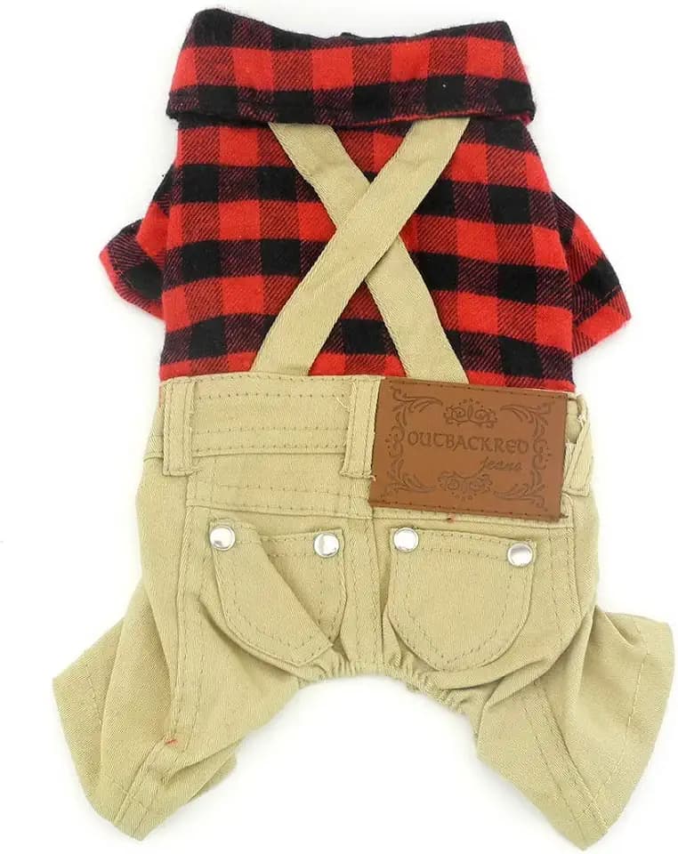 SMALLLEE_LUCKY_STORE Pet Clothes for Small Dog Cat Red Plaid Shirts Sweater with Khaki Overalls Pants Jumpsuit Outfits XS