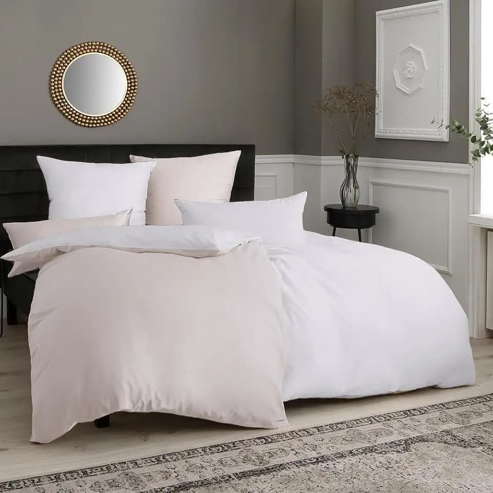 Soifox Bettwäsche Beige/Weiß 135x200 4teilig - Bettwäsche-Sets aus Mikrofaser Bügelfrei & Knitterfrei mit Reißverschluss 2 Bettbezüge 135 x 200 + 2 Kissenbezüge 80 x 80 cm