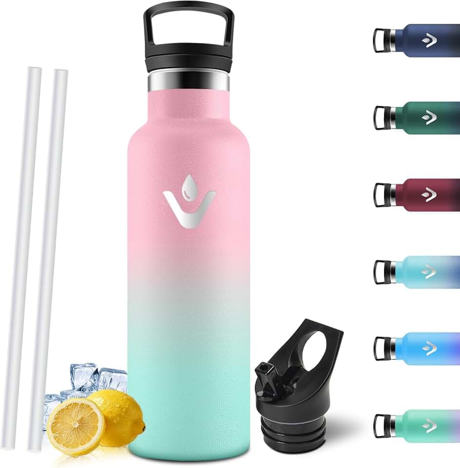 Motswedi Trinkflasche Edelstahl 750 ml, Doppelwandige Insulated, Thermosflasche, Auslaufsicher, Trinkflasche mit Strohhalm, Isolierflasche, Wasserflasche, für Fahrrad, Fitness, Hellrosa & Hellgrün