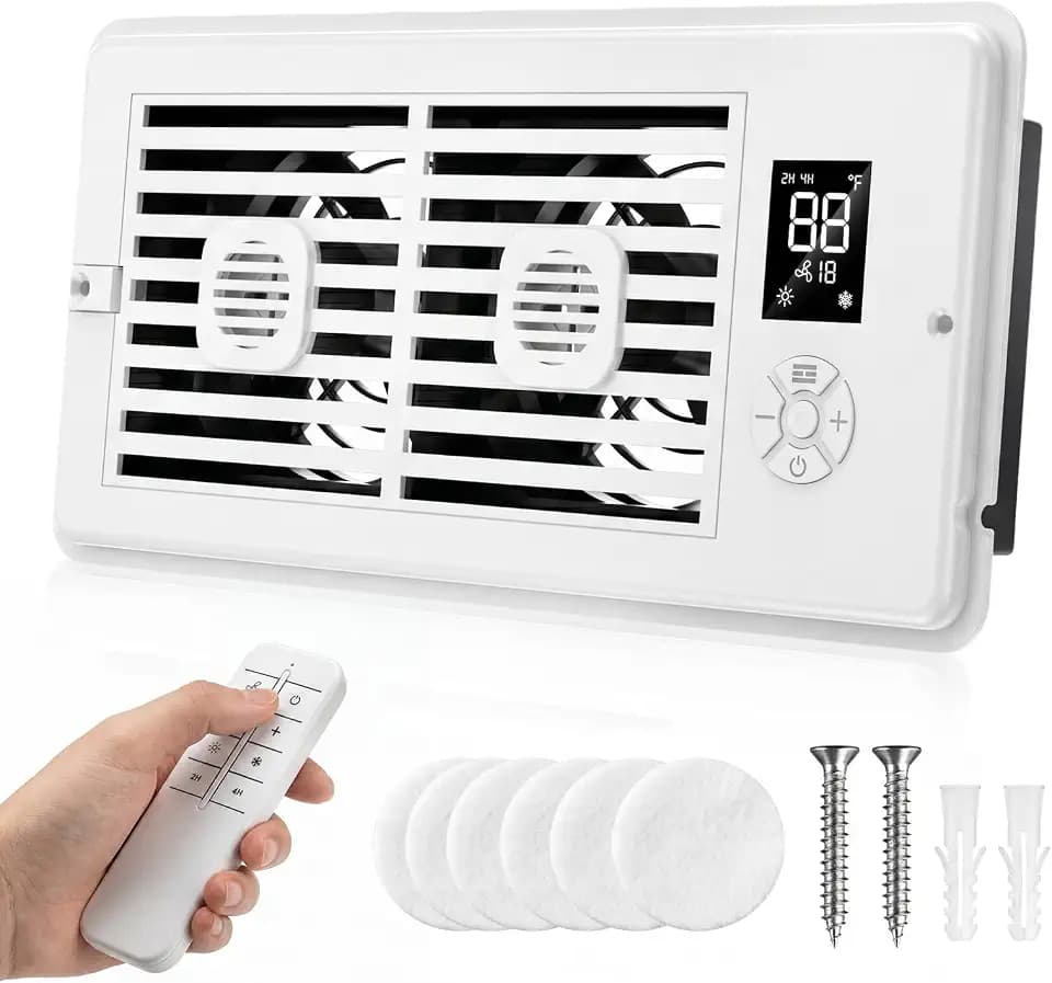 Register Booster Fan for 4” x 10” Vents, Remote Control, 3 Modes, 10 Speeds, Built-In Display, Fits Floor or Wall Registers, Removable Front Cover, Home HVAC Airflow Support - Off White