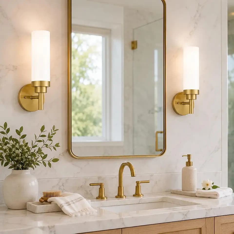 Emak Wall Sconces Set of 2, Modern Brushed Gold Bathroom Vanity Sconce Wall Lighting with Milk Glass Shade for Bathroom, Bedroom, Living Room, Hallway, WS085-BGD-ML-2PK