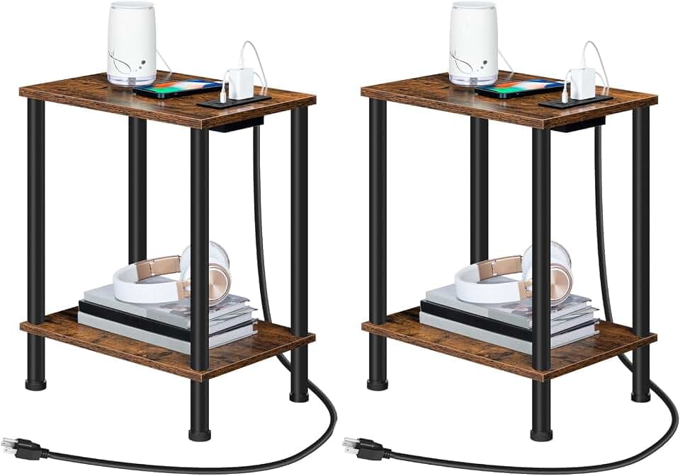HOOBRO Side Table with Charging Station, Set of 2 End Tables with USB Port and Outlets, Nightstand with 2-Layer Storage Shelves for Small Spaces, Living Room, Bedroom, Rustic Brown BF09UBZP201