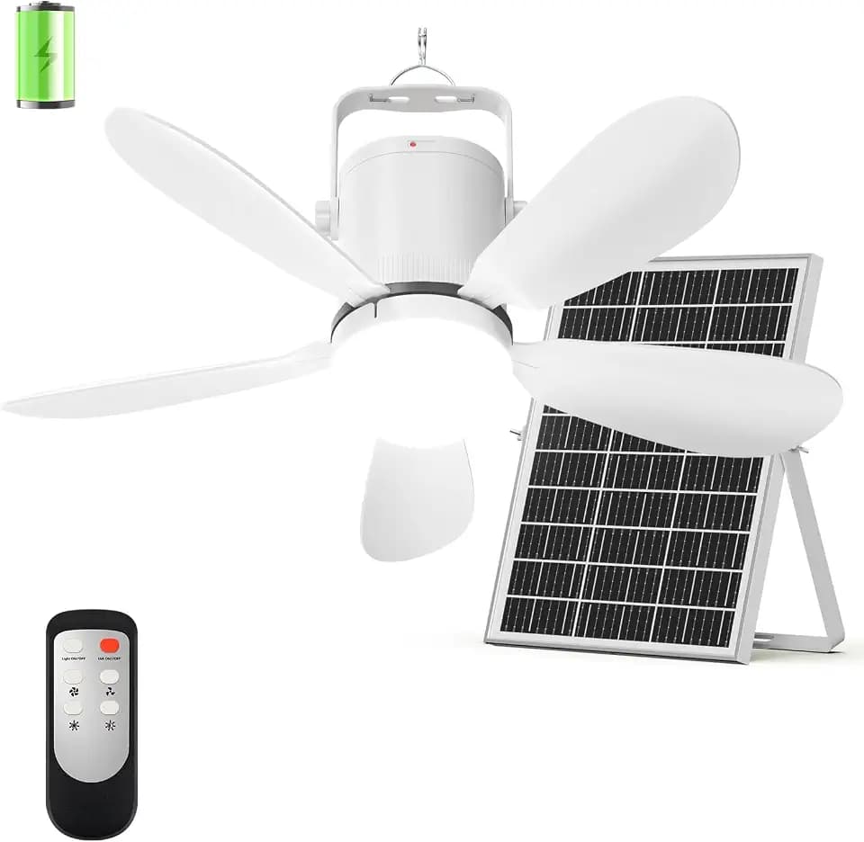 21” Solar Ceiling Fan with Light, Solar Gazebo Fan Light Outdoor with Remote, Portable Rechargeable Battery Operated Camping Fan, for Outside Canopy Tent Porch Patio Greenhouse RVs Pergola