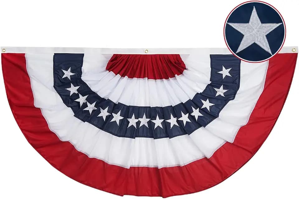 AZCOVER American Flags Bunting 3x6 FT, Embroidered USA Flags Pleated Fan Flag, 4th of July Decorations for Outdoor, Red White and Blue Bunting, Patriotic Bunting