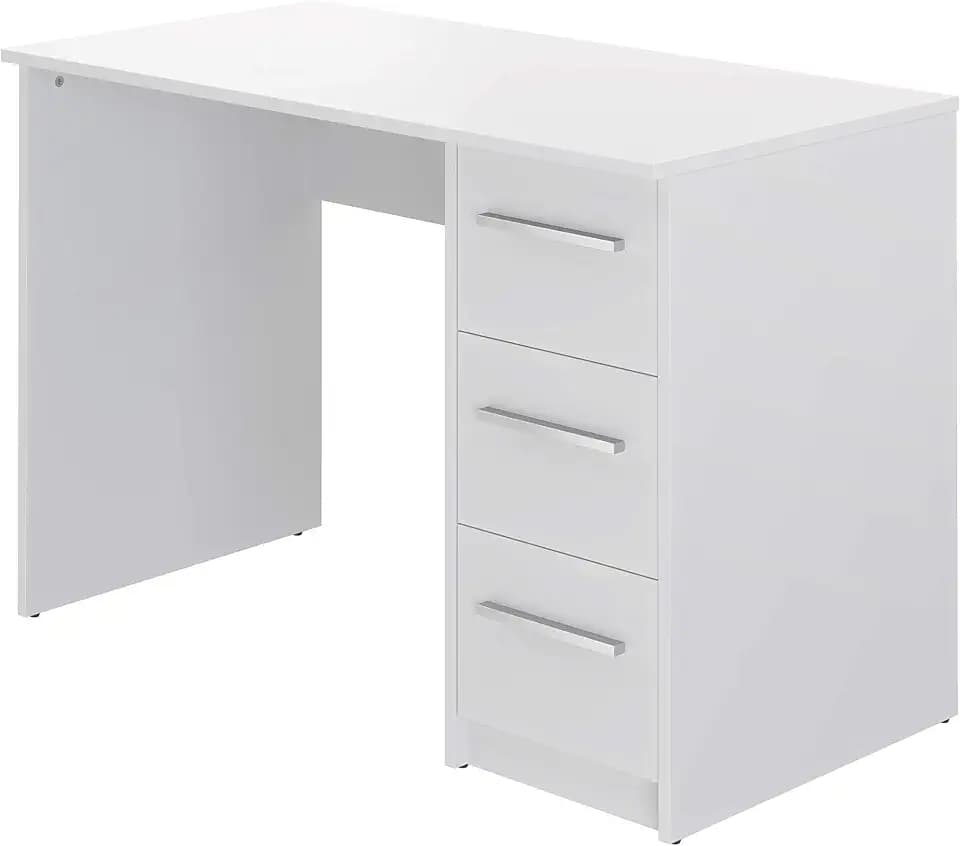 Amazon Basics Moderner Home-Office-Schreibtisch, Computertisch mit 3 Schubladen, einfacher Aufbau, 56 x 110 x 73,5 cm, weiß