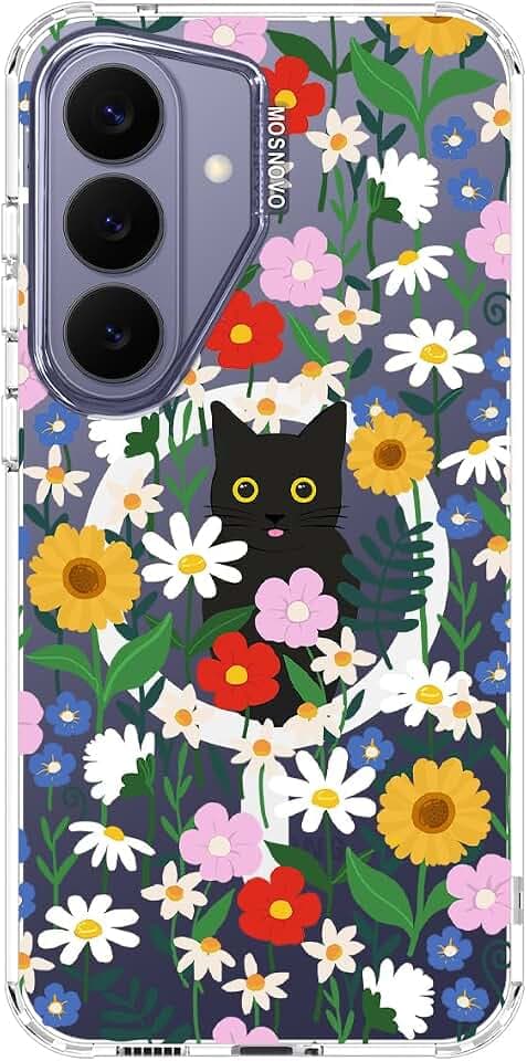 MOSNOVO for Samsung Galaxy S26 Plus Clear Case, Fit for MagSafe, 6.6ft Military-Grade Shockproof Magnetic Protective Phone Cover,Black Cat in Garden