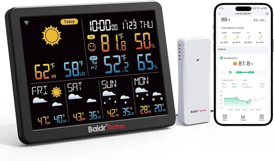 BaldrTherm WiFi Weather Station with 5-Day Forecast, Smart Backlight, Indoor Outdoor Thermometer Hygrometer with Remote App Alerts, 180m Range, 2.2” Large Display for Home, Garden（Only2.4GHz ）