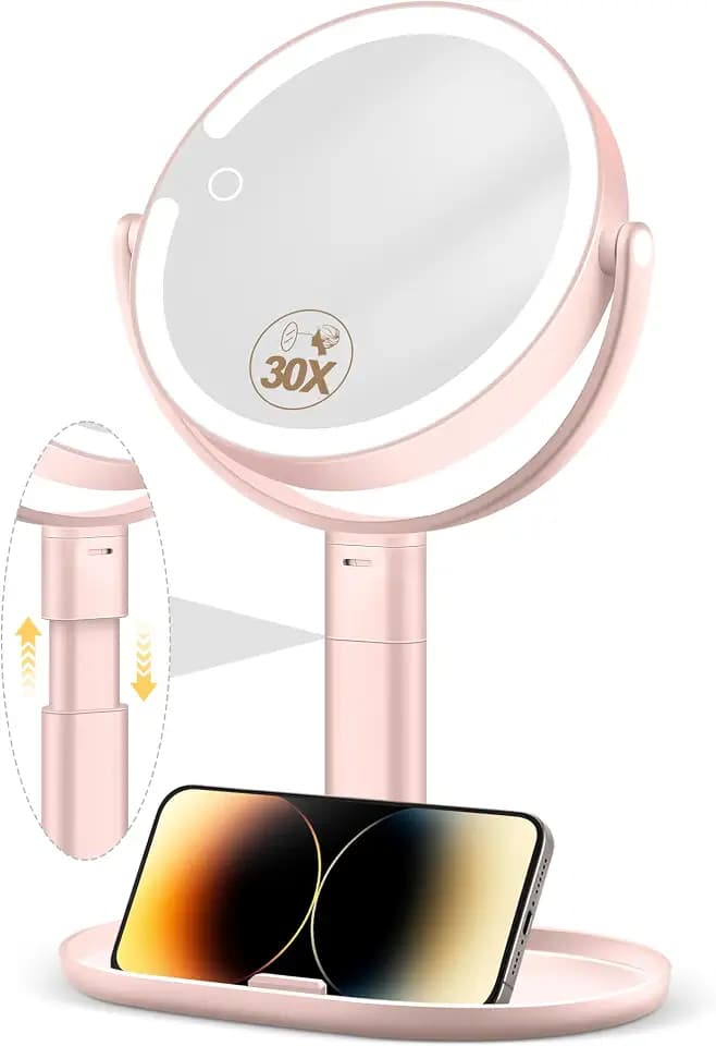 MOMOKUBA Kosmetikspiegel mit Beleuchtung, Vergrößerungsspiegel mit Licht 30fach, Schminkspiegel mit Beleuchtung 7", Doppelseitig 3 Farben 64 Led, Kosmetikspiegel mit Vergrößerung 360° Drehbar, Rosa