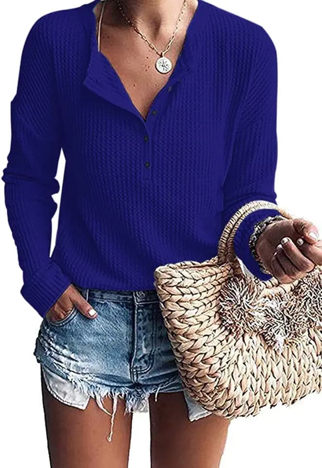 WNEEDU Women's Waffle Knit Tunic Tops Long Sleeve Henley Shirts