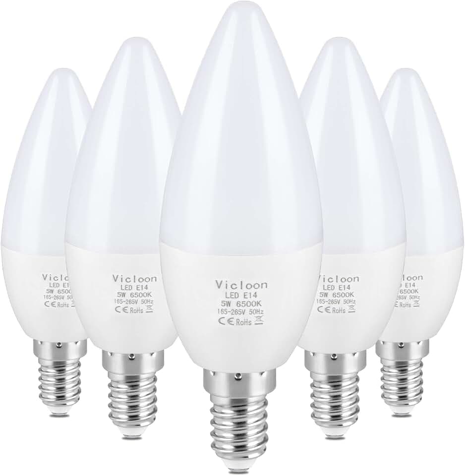 Vicloon E14 LED Kerze Lampe,5er Pack 5.5W LED Kerze Glühbirne, 6500K Kaltweiß, 500 Lumen, C37 LED Birne ersetzt 40W Halogenlampe, AC 165-265V, 270° Strahlwinkel, Nicht Dimmbar E14 Energiesparlampe