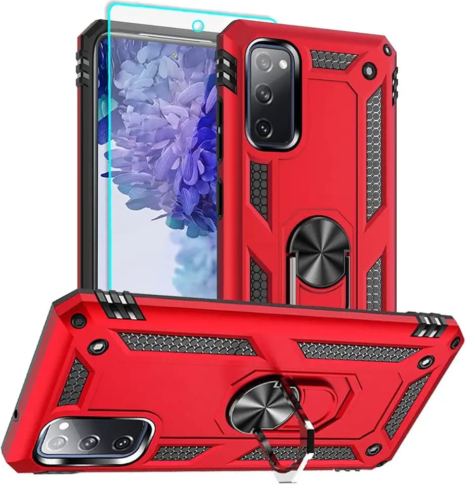 Compatible with Phone Case Samsung Galaxy S20 FE with HD Screen Protector, Military Grade, 16ft. Drop Tested, Ring, Shockproof, Protective Red