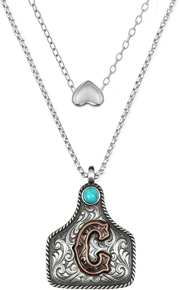 Western Layered Initial Necklaces for Women Turquoise Cowboy Cowgirl Jewelry Vintage Cow Tag Initial Pendant with Heart Choker 2 Layer Western Turquoise Necklace Belt Buckle Necklaces
