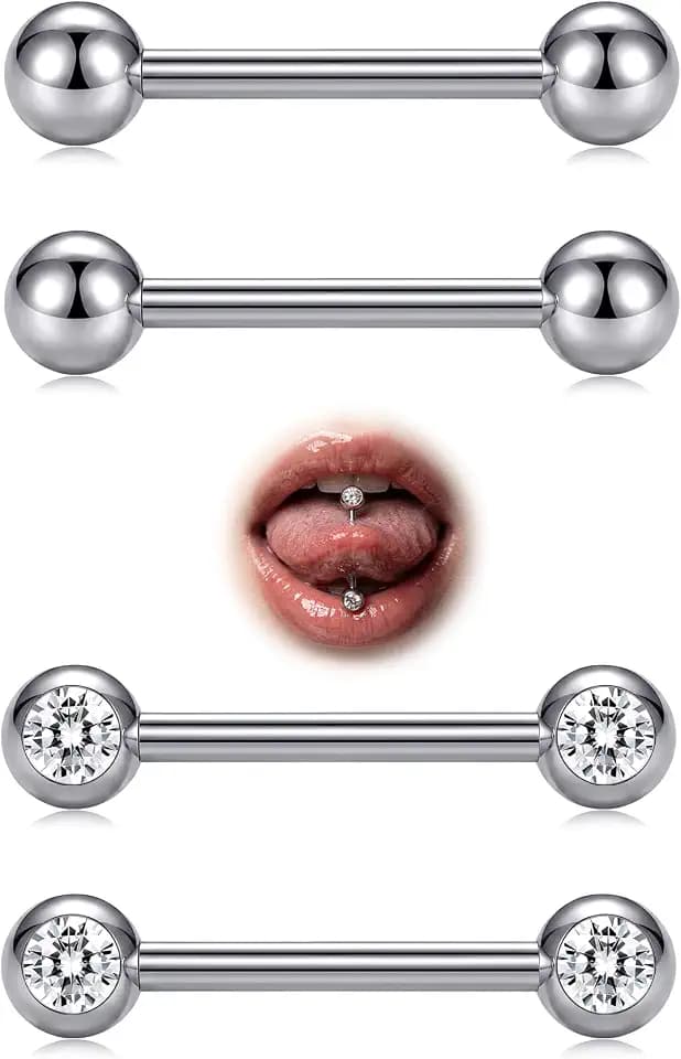 AVYRING 2 Pairs G23 Solid Titanium Tongue & Nipple Rings 14G Tongue Piercing Nipple Barbells with CZ Diamond for Women Men, 12mm 14mm 16mm 18mm