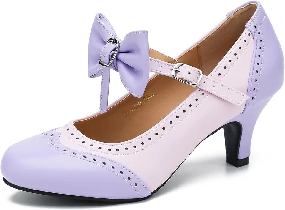LIURUIJIA Women's Mary Jane Heels Vintage Two Tone Bow Pumps Round Toe Kitten Heel Dress Shoes for Wedding Tea Party Date Night