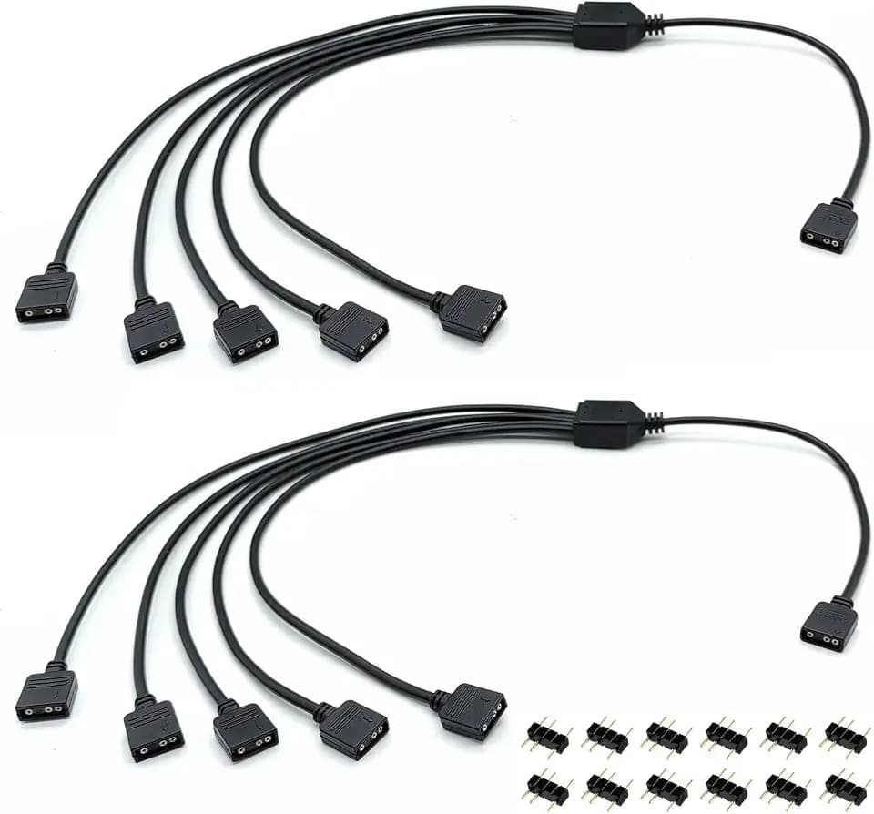 1-to-5 ARGB Splitter, 19.6in 50cm Extension Cable, 5V 3 Pin Addressable RGB for Computer Chassis CPU Cooler and 5V Fan (2 Pack)