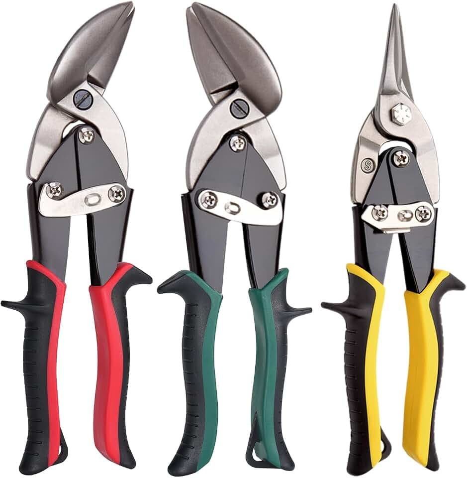 Aviation Tin Snips Set, Straight Heavy Duty Left and Right Tin Cutting Shears, 3 Piece Metal Cutters With Comfort Grips and Safety Latch