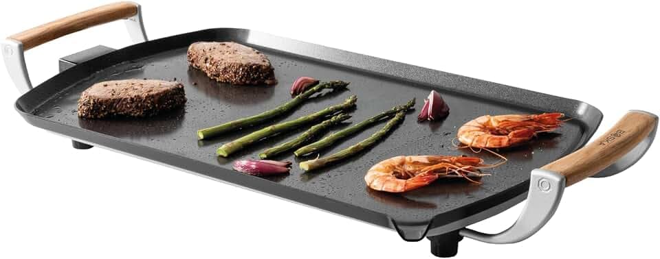 Boska Elektrische Grillplatte Pro – Tischgrills - Teppanyaki-Platte 35x56 cm – PFAS-freie Keramikbeschichtung – Temperaturregelung – Fettablauf – Griffe aus Eichenholz – Schwarz