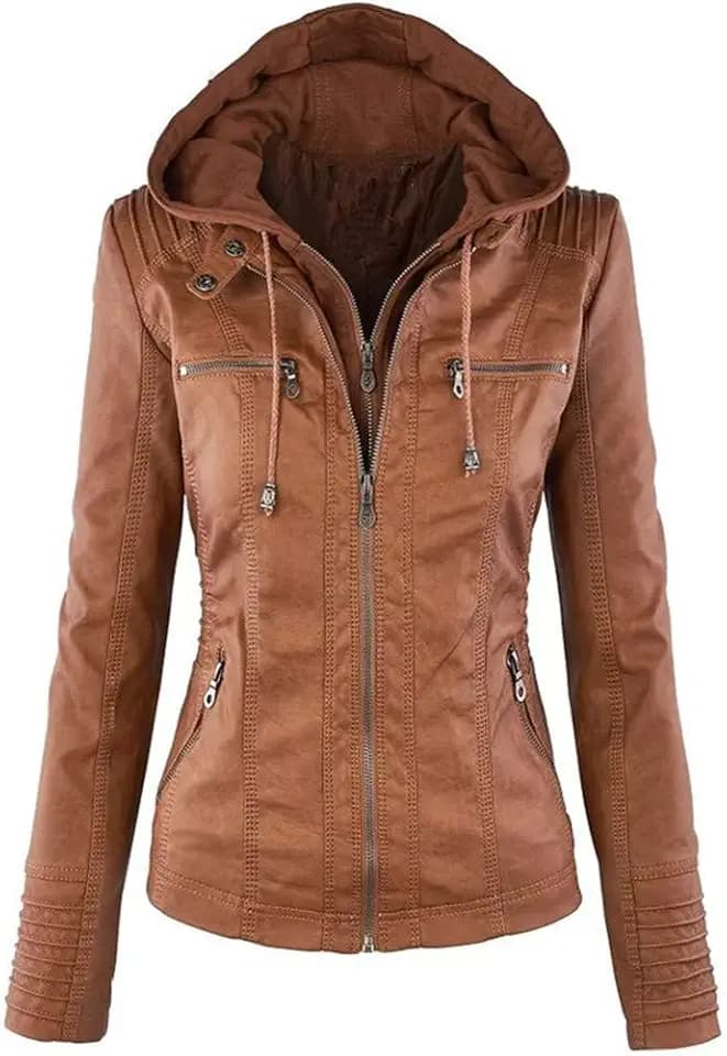 Damenjacke aus Kunstleder, langärmelig, Bikerjacke, Reißverschluss, lässiger Mantel