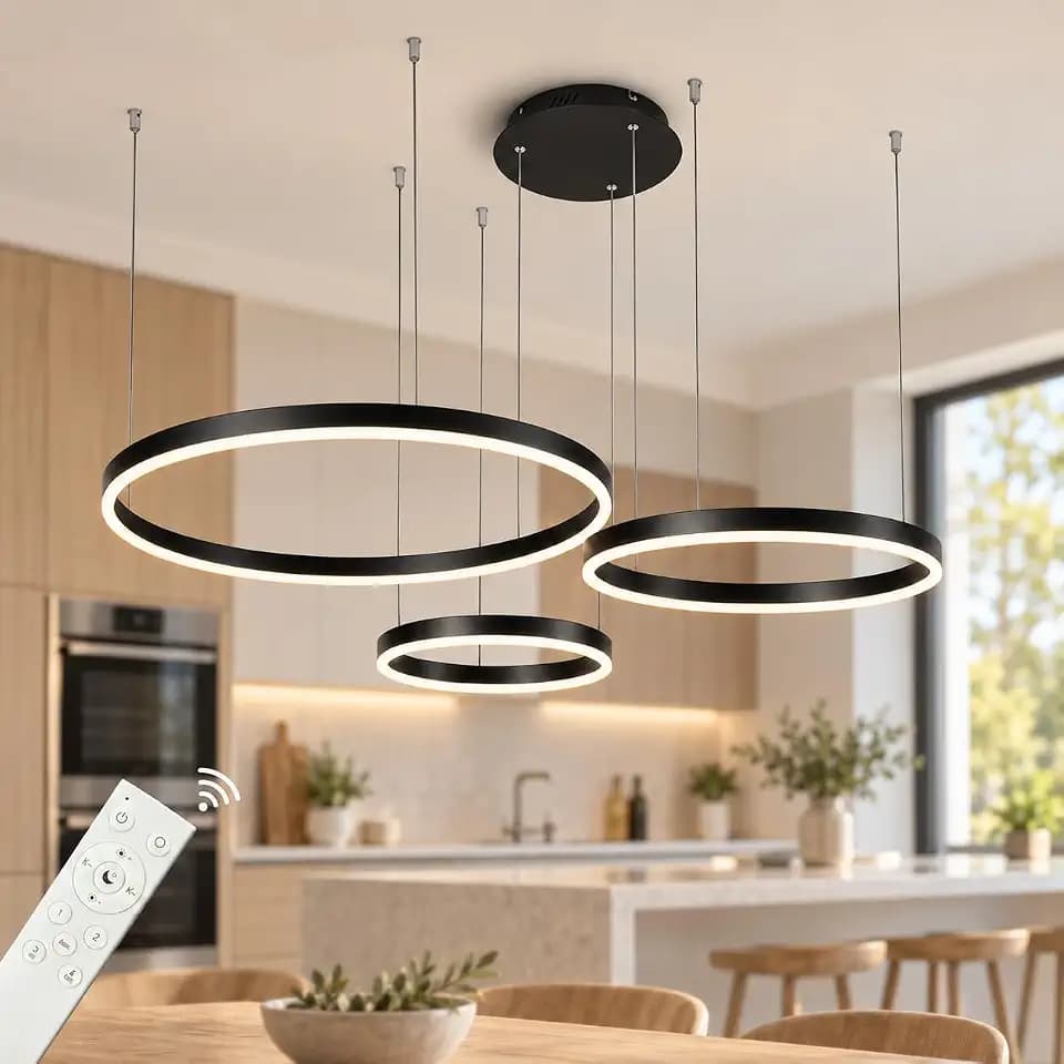 Moderne LED Pendelleuchte, 3 Ringe verstellbare Licht Pendelleuchte, moderner Deckenleuchter, dimmbar 2700 K - 6500 K, mit Fernbedienung 78 W