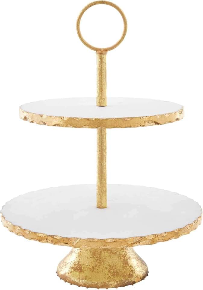 Mud Pie 42600586 Tiered Marble Server White, Gold, 16" x 12" dia