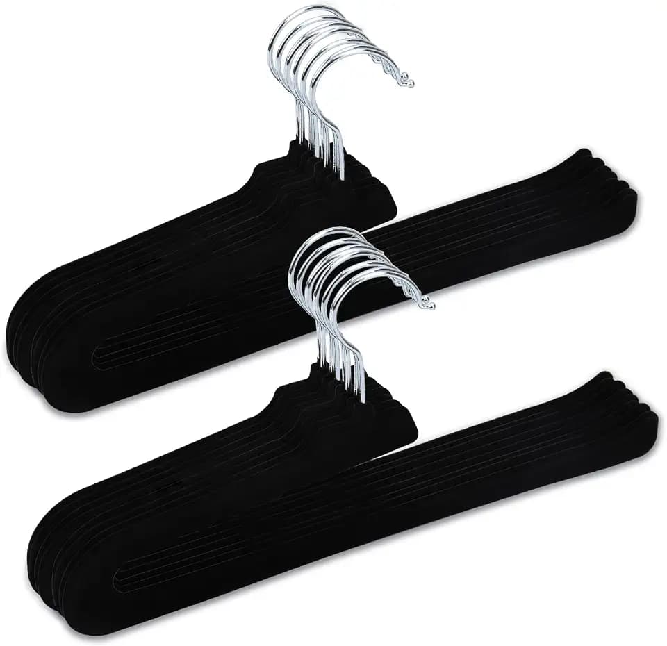 Velvet Pants Hangers - 16 Pack Black Non Slip Open Ended Hanger with 360 Swivel Hook - Closet Space Saving Hanger for Heavy Pants, Jeans, Trousers, Scarf