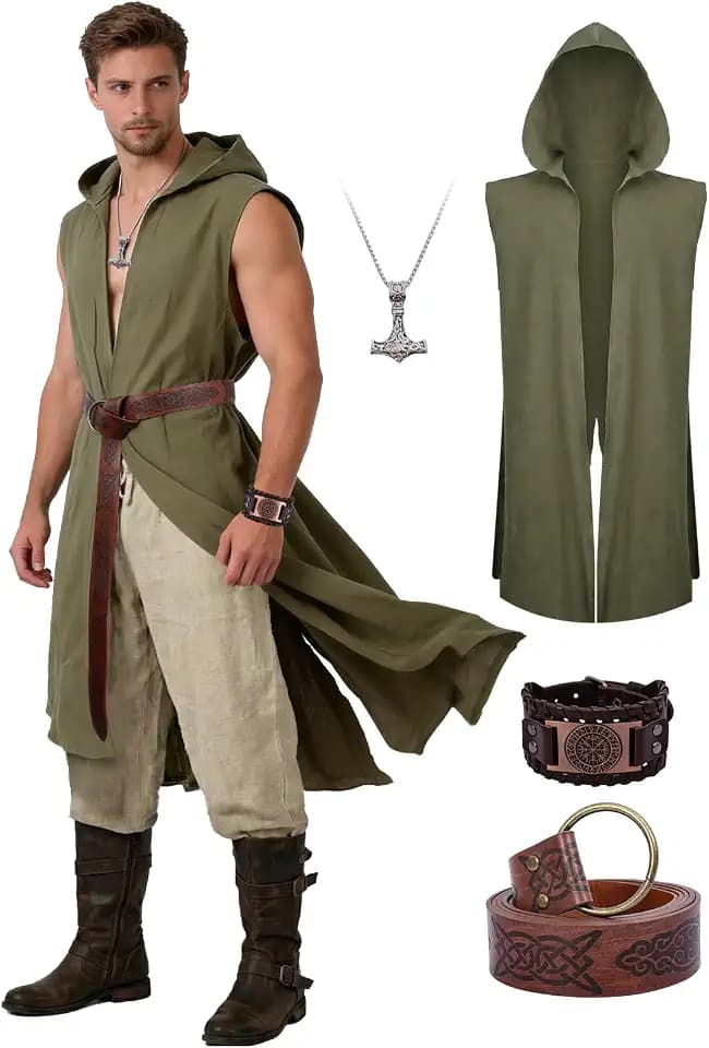 Men’s Medieval Hooded Surcoat Set - 4PCS Renaissance Sleeveless Tunic Cloak with Viking Belt for Halloween & Cosplay