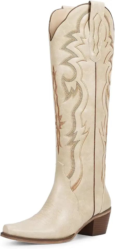 wetkiss Cowboy Boots for Women Knee High, Low Heeled Stable and Comfortable