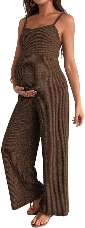 BLENCOT Maternity Ribbed Jumpsuit Stretchy One Piece Wide Leg Romper