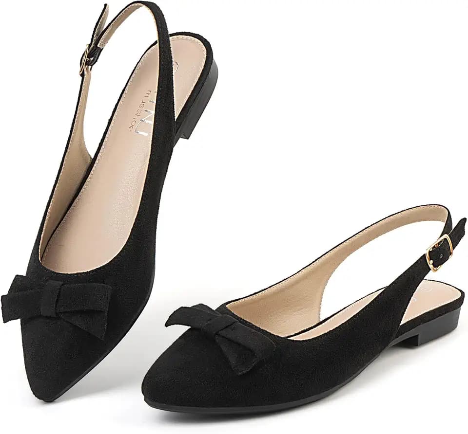 MUSSHOE Slingback Flats for Women: Pointed Toe Bow Flats - Comfortable Dressy Casual Shoes for Work Office Business Party