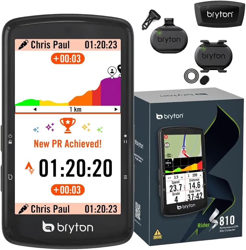 Bryton Rider S810 GPS-Fahrradcomputer Bundle mit 3,5" Farb-Touchscreen mit 2.5D-Glas, 50 Std. Akkulaufzeit, Offline-Europakarte, Turn-by-Turn-Navigation, ANT+/BLE, Strava Live Segmente, mit Sensoren