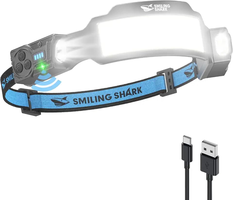 Smiling Shark TS-6 Kopflampe, LED Stirnlampe Aufladbar 2400mAh mit Schwenkbares Dual-Spotlight & 6x Floodlight & Strobe mit Bewegungssensor Hands-Free Design für Camping Joggen Wandern Laufen (1 Pack)