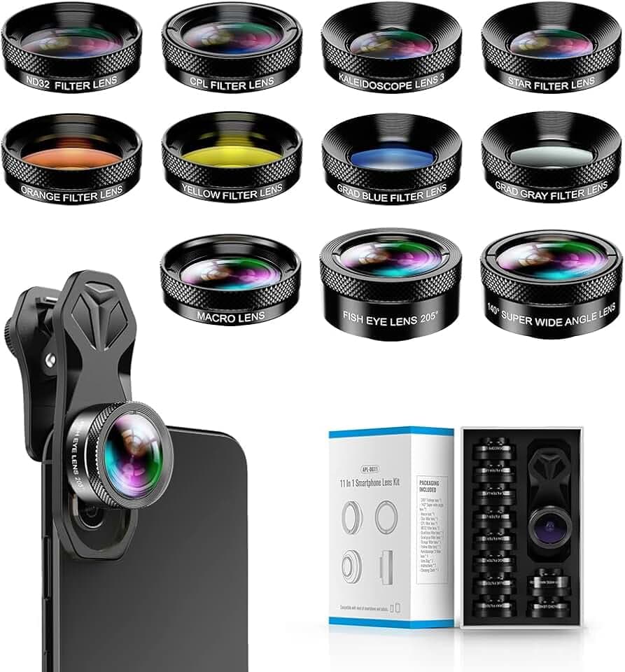 Apexel 11-in-1-Telefon-Kameraobjektiv-Kit – Weitwinkelobjektiv und Makroobjektiv + Fisheye-Objektiv/ND32/Kaleidoskop/CPL/Farbobjektiv, kompatibel mit iPhone, Samsung, Sony und den meisten Smartphones