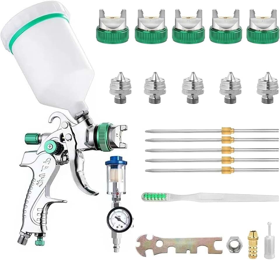 HVLP Spritzpistole, Lackierpistole druckluft mit 5 Düsen 1,4/1,7/2,0/2,5/3,0mm, 600ml Mischbecher und Manometer,für Farbsprühsystem wandfarbe, Automobil, Heimwerker