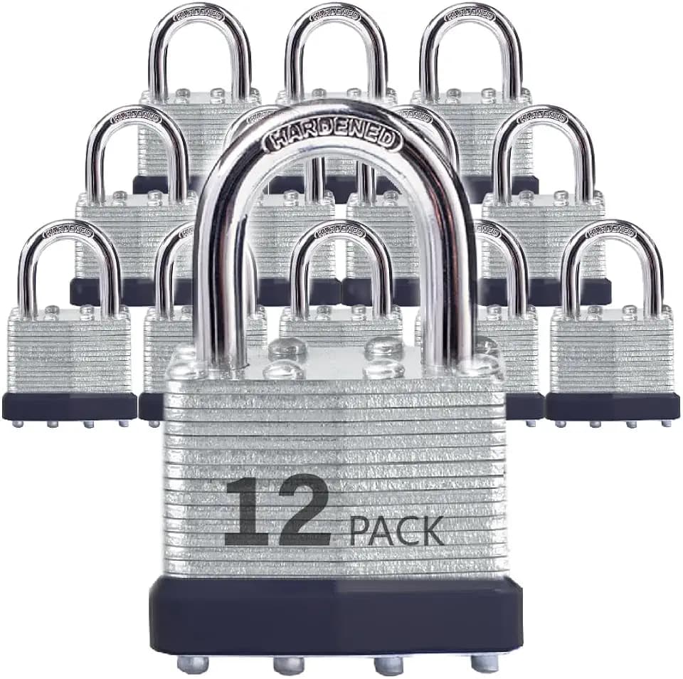 Laminated Steel Padlocks, Standard Shackle, Keyed Alike, 12 Pack