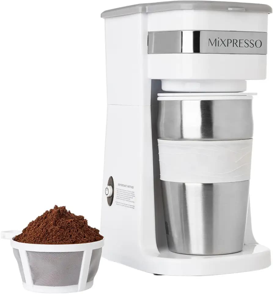 Mixpresso Single Serve & Single Cup Coffee Maker with 14oz Travel Mug White