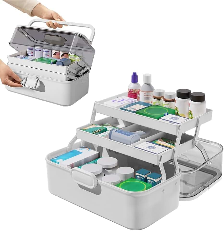 LPAMABA Hausapotheke Box Medikamenten Aufbewahrung Mittelgroß Medizinbox Medizinkoffer Erste Hilfe Koffer Medikamentenbox Multifunktions Aufbewahrungsbox Apothekenbox mit Tragegriff, 28x15.5x15.5cm