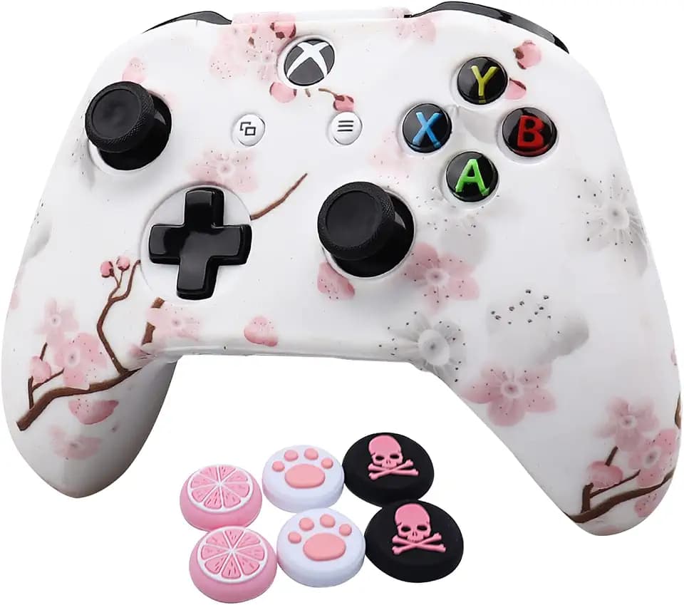 RALAN Cherry Blossoms Skin, Sakura Silicone Controller Cover Skin Protector Compatible for Xbox Ones Controller (Pink Pro Thumb Grip x 2,Cat Grips x 2,Skull Cap x 2).