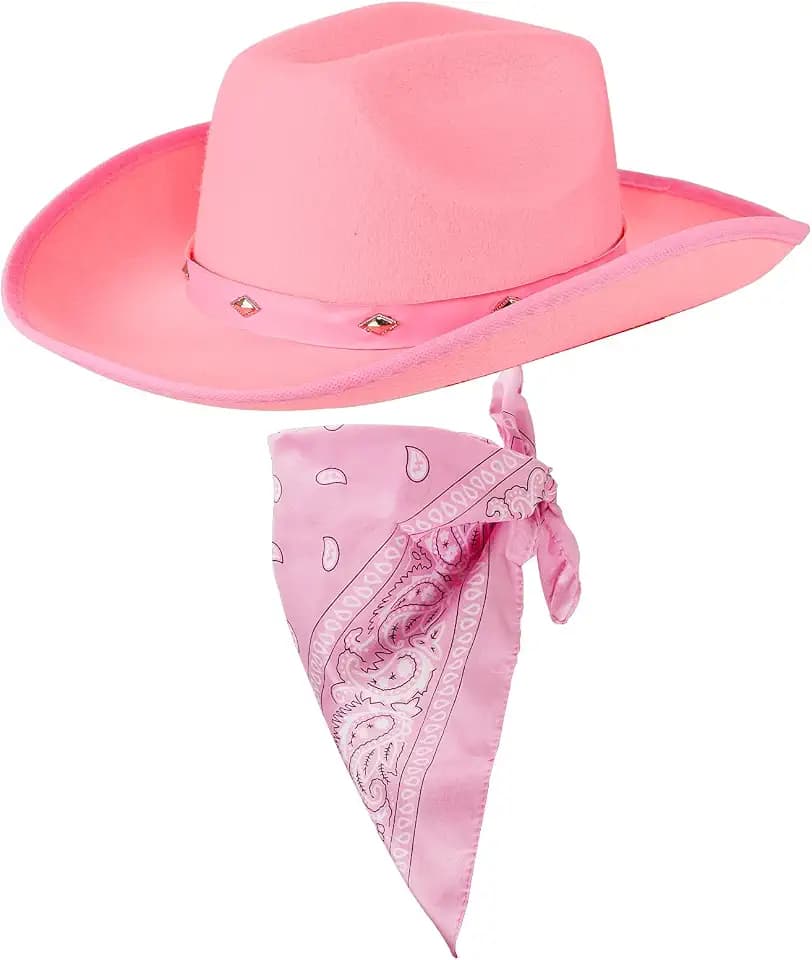 COLOFALLA Cowboy Hut Rosa mit Halstuch Pink Cowgirl Kostümzubehör Partyhut Partyhalstuch Accessoires Cowboyhut für Karneval Fasching JGA Urlaub Damen (rosa), 40x30x7cm